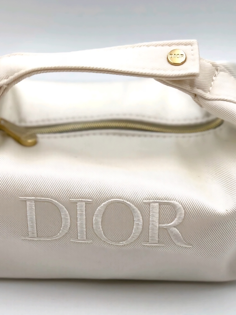 DIOR White Embroidered Logo Cosmetic Pouch With Handle